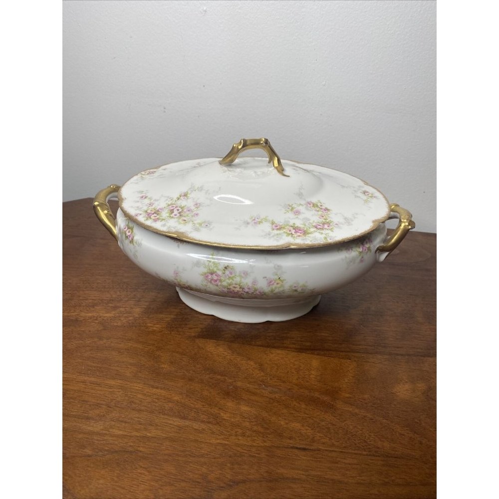 Theodore Haviland Marie Covered Vegetable Serving Dish Pink Roses Flowers Gold